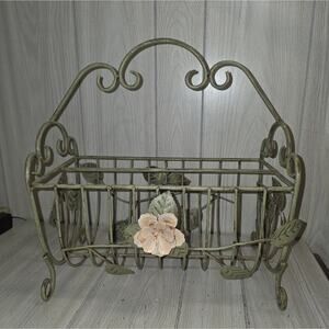 Vtg White Wrought Iron W/Pink Metal Flower Magazine Rack Storage Bin Coquette
